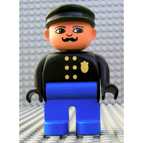 Duplo Figure, Early, with Flat Cap Black, Blue Legs, Six Buttons and Police Badge, Moustache, Nose Turned Down Print Black