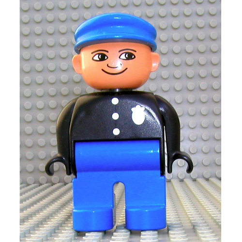 Duplo Figure, Early, with Flat Cap Blue, Blue Legs, Three Buttons and Police Badge, Nose Pointing Down Print Black