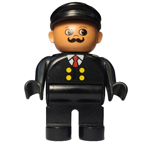 Duplo Figure, Early, with Flat Cap Black, Black Legs, Four Yellow Buttons and Red Tie Print Black
