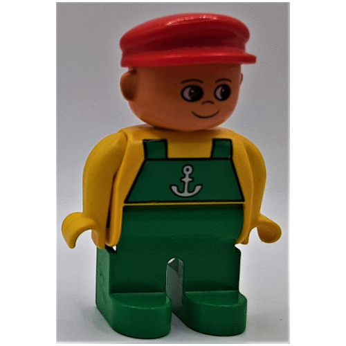 Duplo Figure, Early, with Flat Cap Red, Green Legs, Green Overalls with Anchor Print Gelb