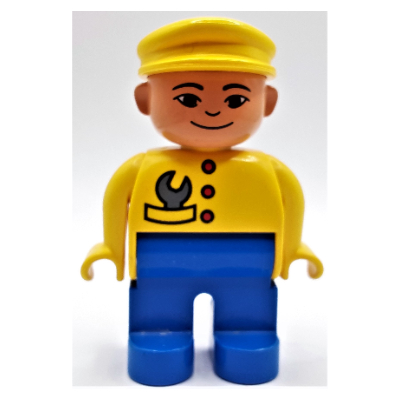 Duplo Figure, Early, with Flat Cap Yellow, Blue Legs, Wrench in Pocket and Buttons, East Asian Eyes Print Yellow