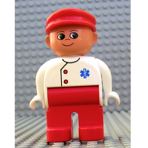 Duplo Figure, Early, with Flat Cap Red, Red Legs, Two Red Buttons and Blue EMT Star of Life Print Weiß