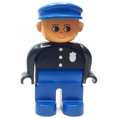Duplo Figure, Early, with Flat Cap Blue, Blue Legs, Three Buttons and Police Badge, Nose Pointing Up Print Black