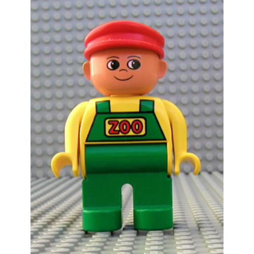 Duplo Figure, Early, with Flat Cap Red, Green Legs, Green Overalls with Red 'ZOO' Print Yellow