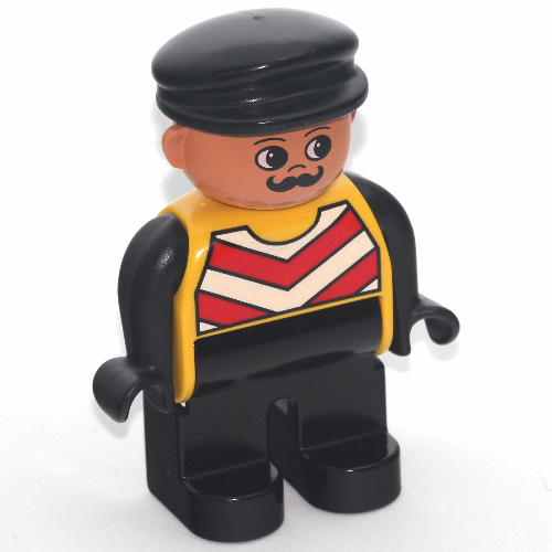 Duplo Figure, Early, with Flat Cap Black, Black Legs, Black Arms, Chevron Vest Print Gelb