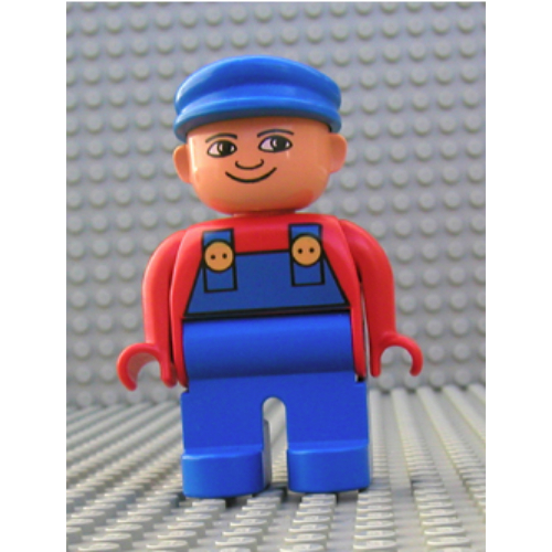 Duplo Figure, Early, with Flat Cap Blue, Blue Legs, Blue Overalls, Turned Down Nose Print Red