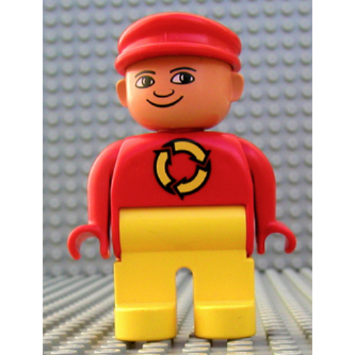 Duplo Figure, Early, with Flat Cap Red, Yellow Legs, Yellow Recycle Logo, Turned Down Nose Print Rot
