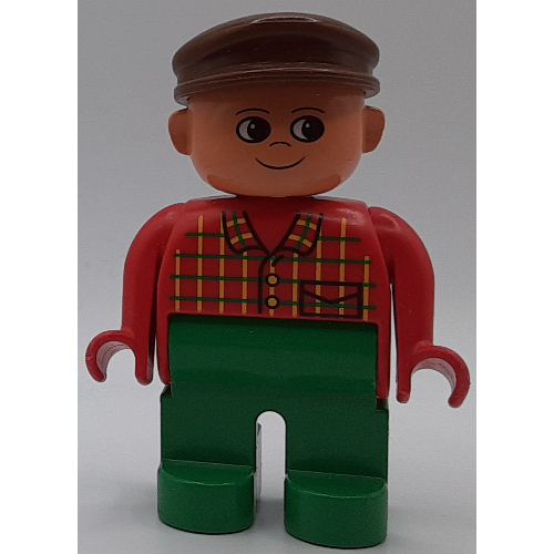 Duplo Figure, Early, with Flat Cap Brown, Green Legs, Plaid Shirt Print (Farmer) Rot