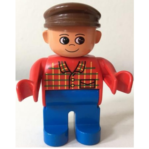 Duplo Figure, Early, with Flat Cap Brown, Blue Legs, Plaid Shirt Print (Farmer) Rot