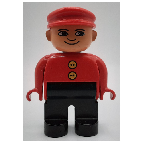 Duplo Figure, Early, with Flat Cap Red, Black Legs, 2 Yellow Buttons, White Eyes Print Red