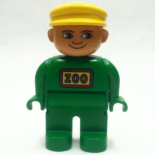 Duplo Figure, Early, with Flat Cap Yellow, Green Legs, 'ZOO' Print (Zoo Keeper) Green