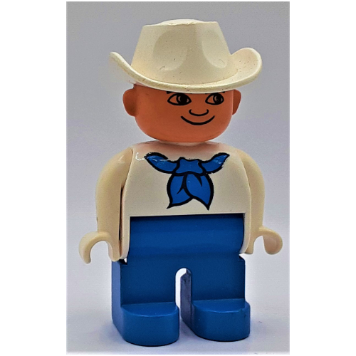 Duplo Figure, Early, Cowboy Hat White, Blue Legs, Blue Scarf Print White
