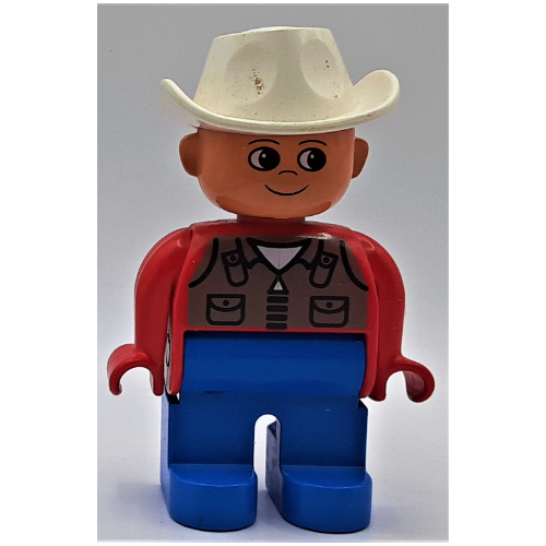 Duplo Figure, Early, Cowboy Hat White, Blue Legs, Dark Tan Zipper Vest Print Red