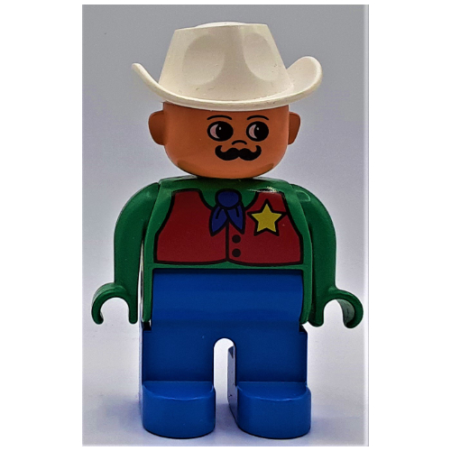 Duplo Figure, Early, Cowboy Hat White, Blue Legs, Red Vest with Star Badge Print Green