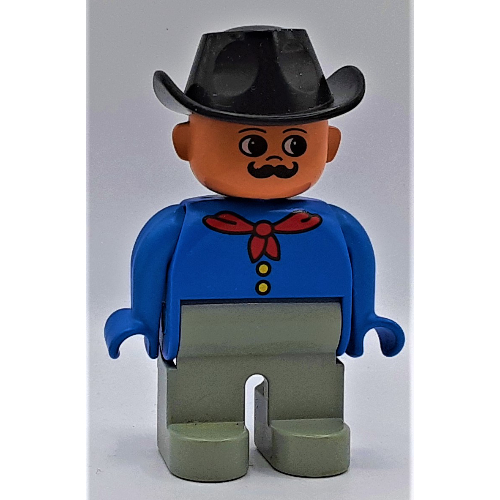 Duplo Figure, Early, Cowboy Hat Black, Light Gray Legs, Red Neckerchief, Moustache Print Blau