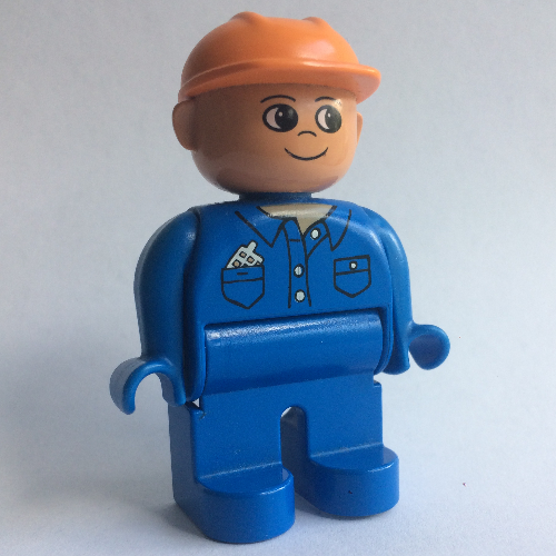 Duplo Figure, Early, Hard Hat Orange, Blue Legs, Shirt with Pockets / 'Cargo' on Back Print Blue