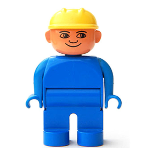 Duplo Figure, Early, Hard Hat Yellow, Blue Legs, Plain Top Blau