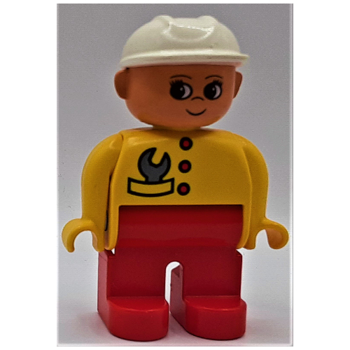 Duplo Figure, Early, Hard Hat White, Red Legs, Wrench in Pocket, Eyelashes Print Gelb