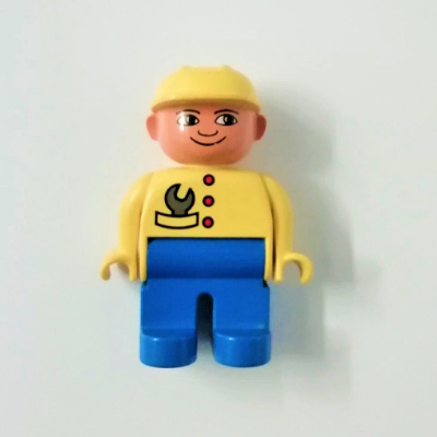 Duplo Figure, Early, Hard Hat Yellow, Blue Legs, Wrench in Pocket Print Gelb