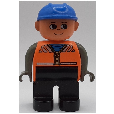 Duplo Figure, Early, Hard Hat Blue, Black Legs, Dark Gray Arms, Vest with Zipper Print Orange