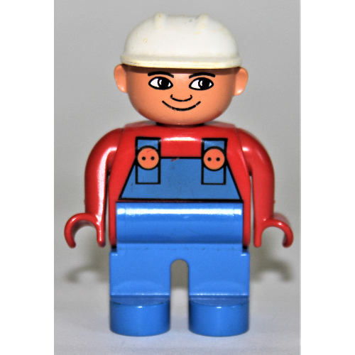 Duplo Figure, Early, Hard Hat White, Blue Legs, and Blue Overalls, Turned Down Nose Print Red