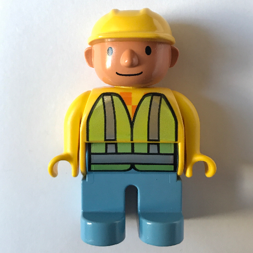 Duplo Figure, Early, Hard Hat Yellow, Medium Blue Legs, Lime Construction Jacket Print (Bob the Builder) Yellow