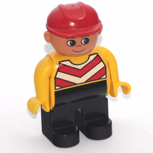 Duplo Figure, Early, Hard Hat Red, Black Legs, Chevron Vest, Yellow Arms Print Yellow
