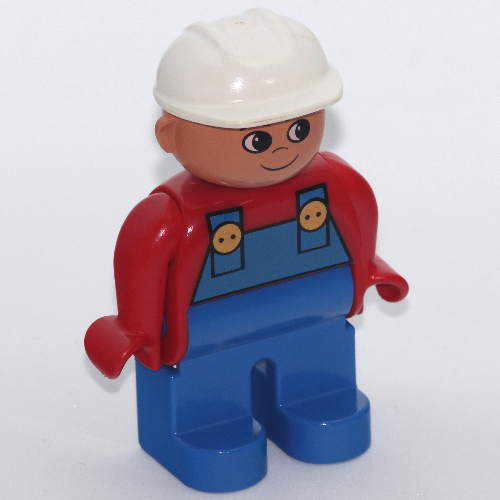 Duplo Figure, Early, Hard Hat White, Blue Legs, with Blue Overalls, Turned Up Nose Print Red