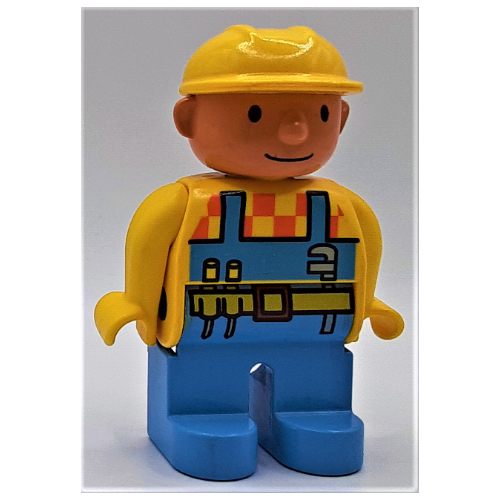 Duplo Figure, Early, Hard Hat Yellow, Medium Blue Legs, Yellow Top, Light Blue Overalls and Toolbelt Print (Bob The Builder) Yellow