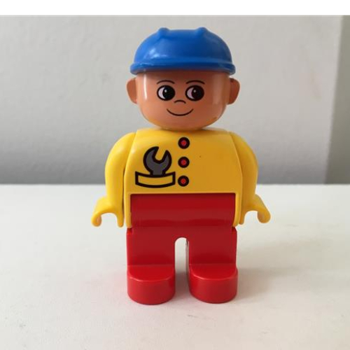 Duplo Figure, Early, Hard Hat Blue, Red Legs, Yellow Top with Wrench in Pocket Print Yellow