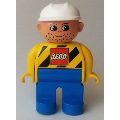 Duplo Figure, Early, Hard Hat White, Blue Legs, Stubble, with Black Stripes and LEGO Logo Print, Gelb