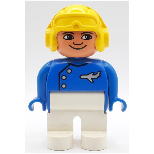 Duplo Figure, Early, Aviator Hat Yellow, White Legs, Buttons, Airplane, Turned Down Nose Paint Blau