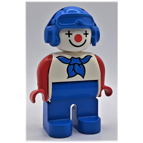 Duplo Figure, Early, Aviator Hat Blue, Blue Legs, Blue Scarf, Red Arms, Clown Face Paint Weiß