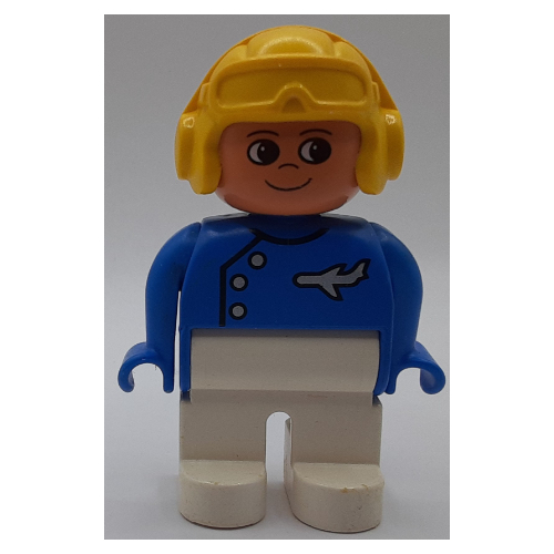Duplo Figure, Early, Aviator Hat Yellow, White Legs, Buttons, Airplane, Turned Up Nose Print Blue