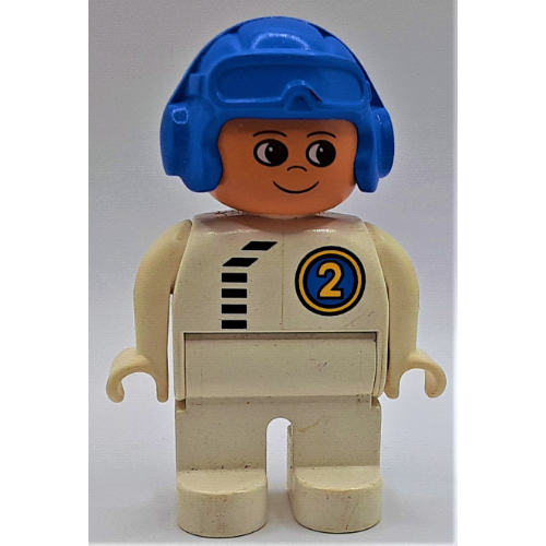 Duplo Figure, Early, Aviator Hat Blue, White Legs, Black Zipper and Racer #2 Print White