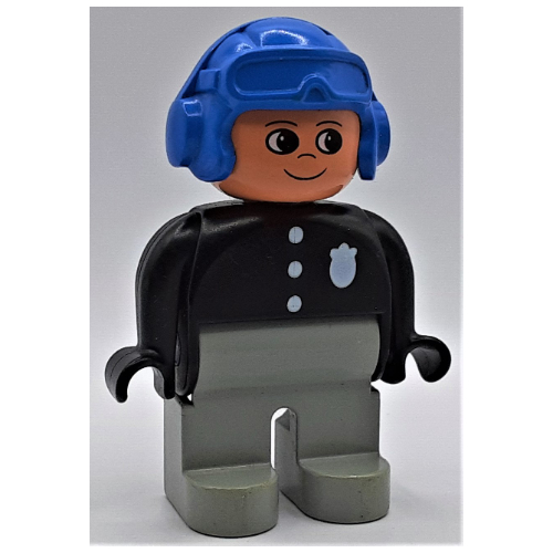Duplo Figure, Early, Aviator Hat Blue, Light Gray Legs, 3 Buttons and Badge Print Schwarz