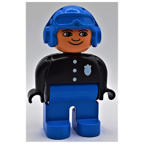 Duplo Figure, Early, Aviator Hat Blue, Blue Legs, 3 Buttons and Police Badge, Nose Pointed Down Print Schwarz