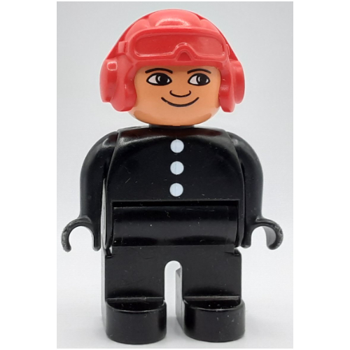 Duplo Figure, Early, Aviator Hat Red, Black Legs, 3 Buttons Print Black