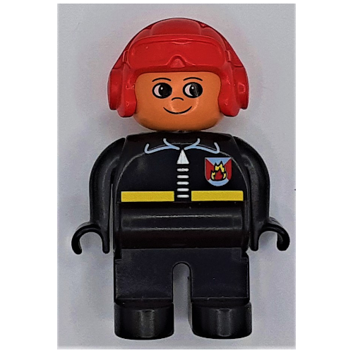 Duplo Figure, Early, Aviator Hat Red, Black Legs, Fire Jacket with Zipper Print Schwarz
