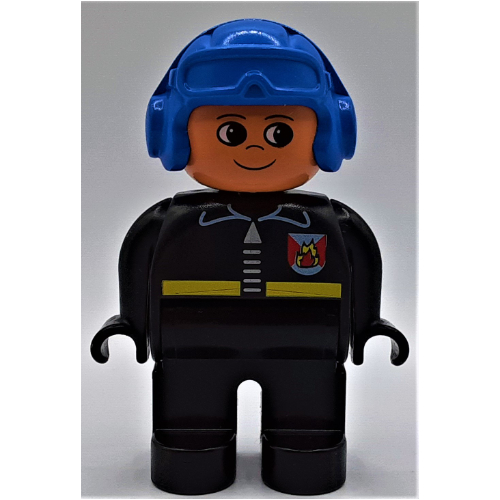 Duplo Figure, Early, Aviator Hat Blue, Black Legs, Fire Jacket with Zipper Print Schwarz