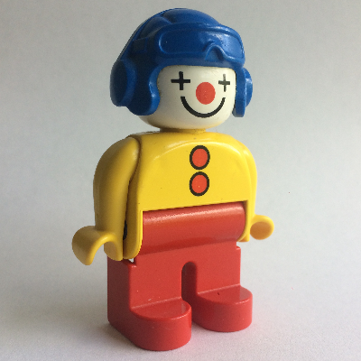Duplo Figure, Early, Aviator Hat Blue, Red Legs, with 2 Buttons, Yellow Arms, Clown Face Paint Gelb