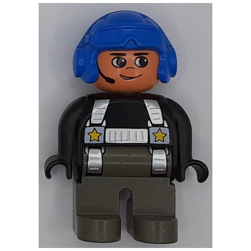 Duplo Figure, Early, Aviator Hat Blue, Dark Gray Legs, Silver Harness with Yellow Stars Print Black