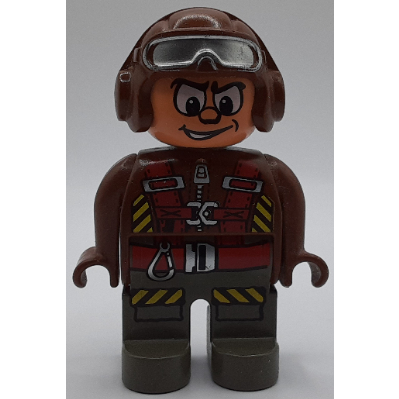Duplo Figure, Early, Aviator Hat Brown with Silver Goggles, Dark Gray Legs, Jumpsuit with Zipper, Red Parachute Straps, Yellow And Black Hazard Stripes Print Brown