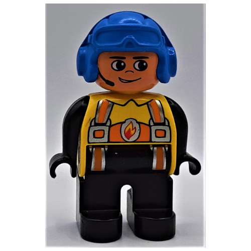 Duplo Figure, Early, Aviator Hat Blue, Black Legs, Orange Harness with Fire Badge, Headset Print Yellow