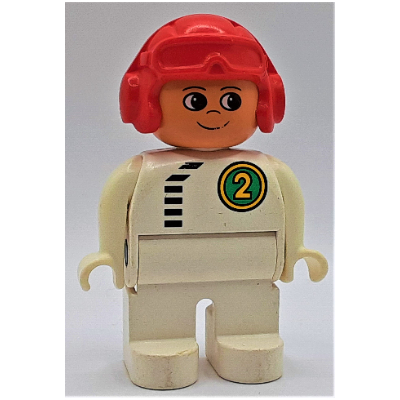 Duplo Figure, Early, Aviator Hat Red, White Legs, Top with Black Zipper and Racer #2 in Green Circle Print White