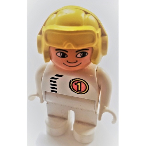 Duplo Figure, Early, Aviator Hat Yellow, White Legs, Black Zipper and '1' Print White