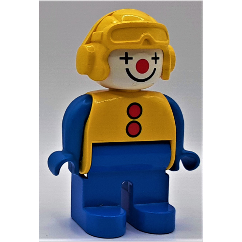 Duplo Figure, Early, Aviator Hat Yellow, Blue Legs, 2 Buttons, Blue Arms, Clown Face Paint Yellow