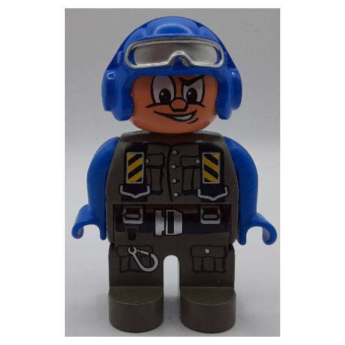Duplo Figure, Early, Aviator Hat Blue with Silver Visor, Dark Gray Legs, Dark Gray Jumpsuit, Blue Arms Print (Action Wheeler) Dark Gray