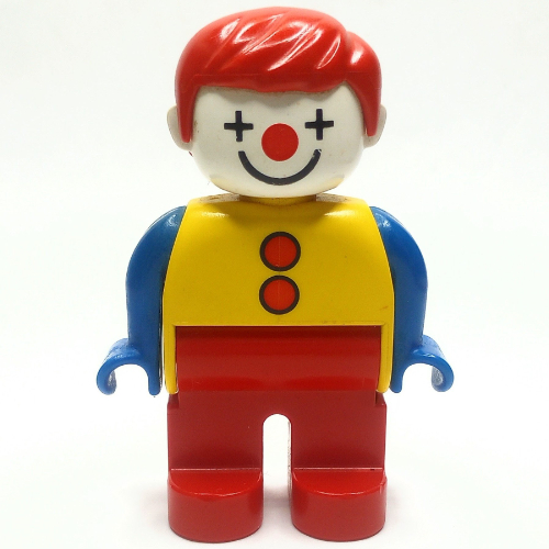 Duplo Figure, Early, with Short Parted Hair Red, Red Legs, Red Buttons, Blue Arms, and Clown Face Print Yellow