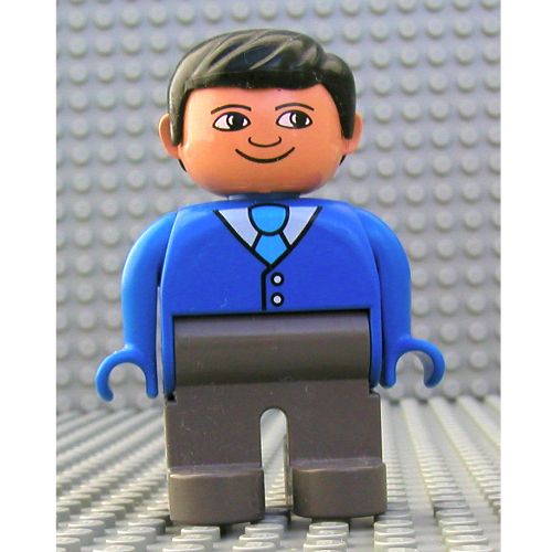 Duplo Figure, Early, with Short Parted Hair Black, Dark Gray Legs, White Shirt, Light Blue Tie Print Blue